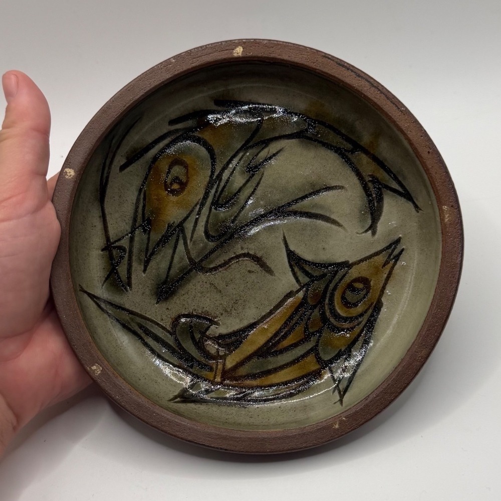 Vintage Studio Pottery Koi Fish Bowl Sgraffito Glazed Stoneware Bowl 6 Inch